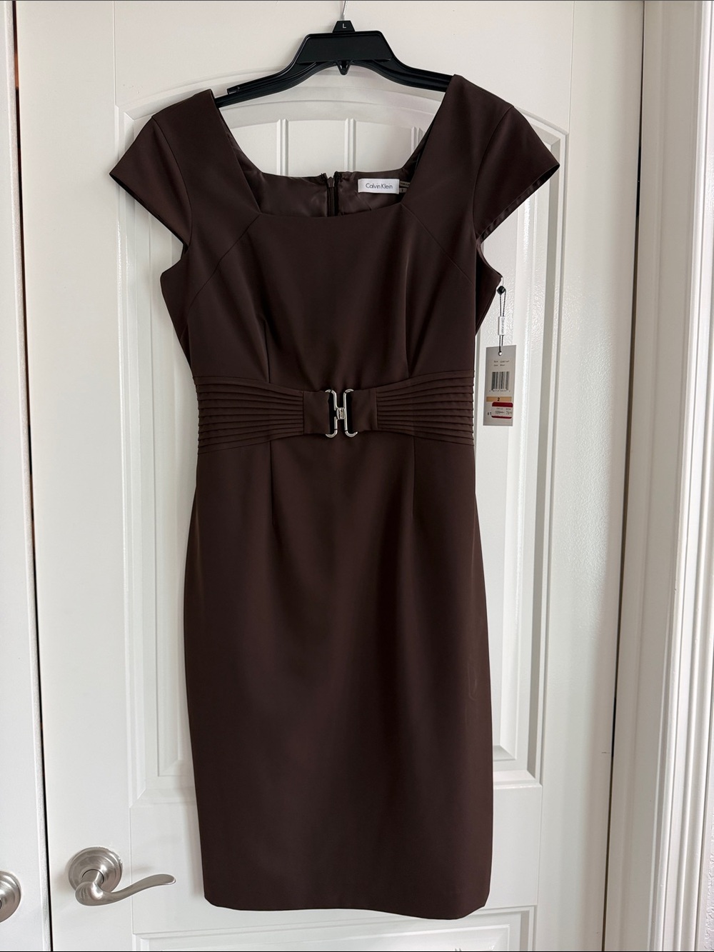 Calvin Klein Chocolate Brown Midi Sheath Dress with Waist Buckle